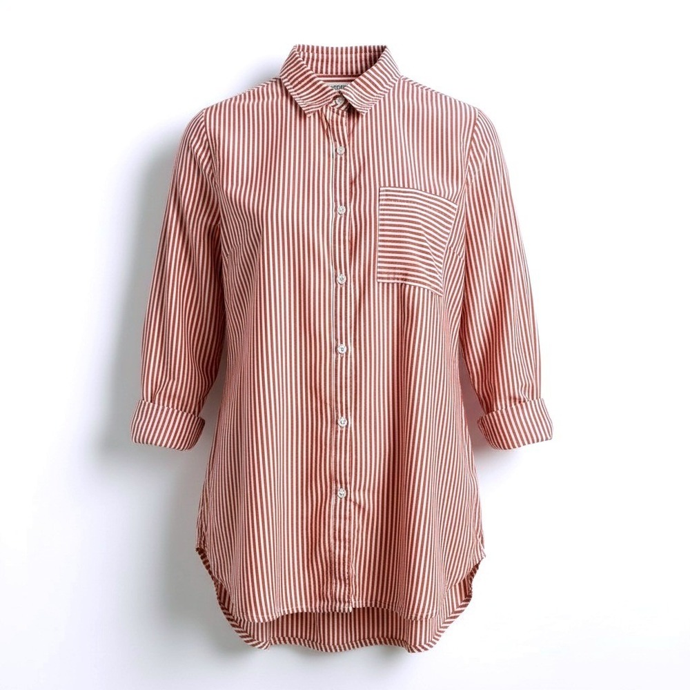 Cato Womens Large Red White Striped Cotton Button Down Roll Tab Sleeve Tunic Top